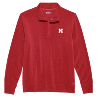 Nebraska Huskers red twill quarter-zip mock neck pullover with white embroidered N, flat lay front