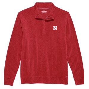 Nebraska Huskers red twill quarter-zip mock neck pullover with white embroidered N, flat lay front