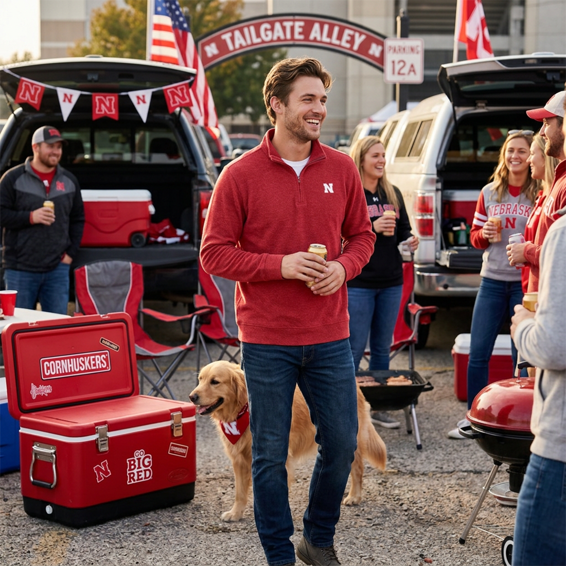 Man in a Nebraska Cornhuskers red quarter-zip pullover at a Huskers football tailgate