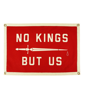 Red and cream wool felt No Kings But Us camp flag with sword design, product shot, The Simple Man