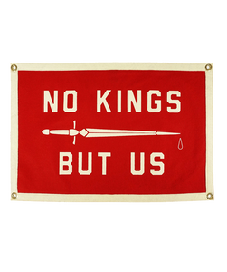 Red and cream wool felt No Kings But Us camp flag with sword design, product shot, The Simple Man