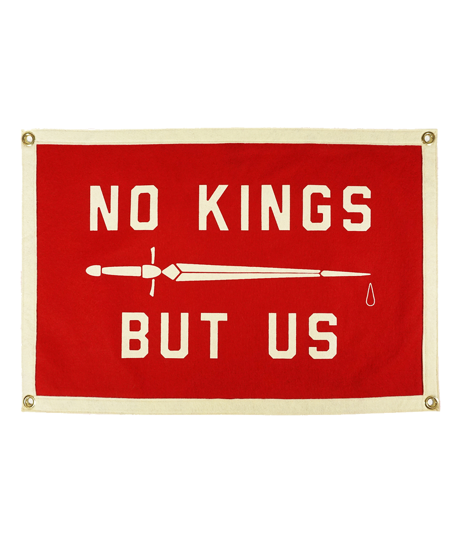 Red and cream wool felt No Kings But Us camp flag with sword design, product shot, The Simple Man