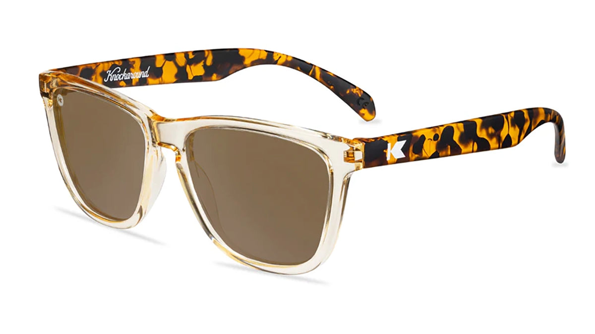 Knockaround Premiums Sunglasses in On the Rocks Colorway (clear front with amber sides) front angled view