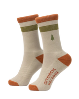 Out-of-Doors Club Sock in Antler colorway pair front view showing rust toe heel and cuff olive stripe and pine tree logo with Outsiders Welcome text