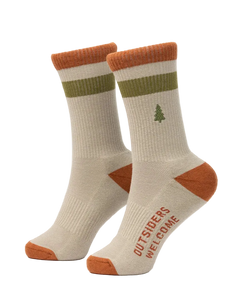 Out-of-Doors Club Sock in Antler colorway pair front view showing rust toe heel and cuff olive stripe and pine tree logo with Outsiders Welcome text