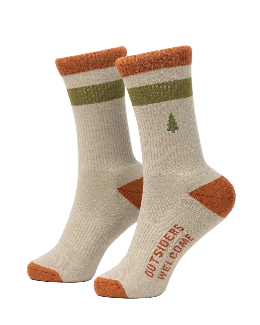 Out-of-Doors Club Sock in Antler colorway pair front view showing rust toe heel and cuff olive stripe and pine tree logo with Outsiders Welcome text