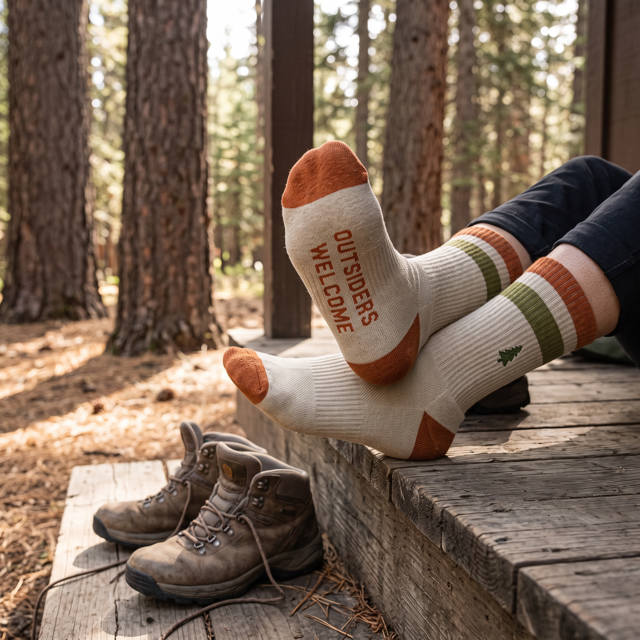 Out-of-Doors Club Sock in Antler colorway lifestyle shot feet up on cabin porch with hiking boots in forest setting showing Outsiders Welcome text on sole