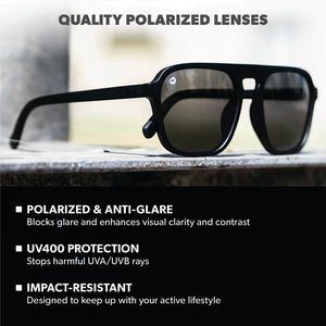 Knockaround Pacific Palisades polarized black smoke lenses on stone surface — UV400 protection impact resistant anti-glare sunglasses