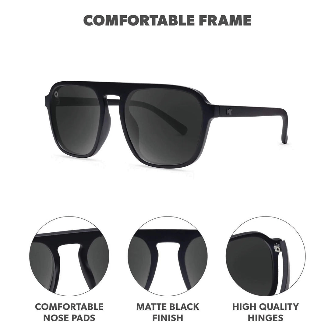 Knockaround Pacific Palisades Black on Black frame detail — matte black finish comfortable nose pads high quality hinges brow bar