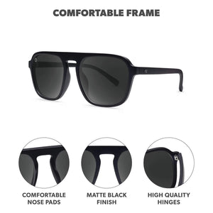 Knockaround Pacific Palisades Black on Black frame detail — matte black finish comfortable nose pads high quality hinges brow bar