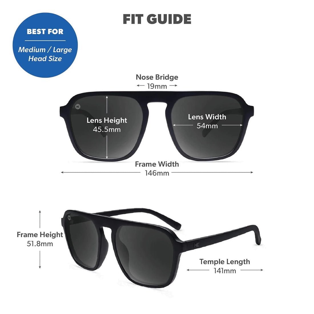 Knockaround Pacific Palisades Black on Black fit guide — 146mm frame width 54mm lens width 19mm nose bridge medium large head size