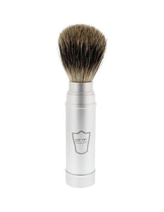 Parker Travel Shave Brush assembled on its brushed aluminum tube, featuring a pure badger knot against a white background.
