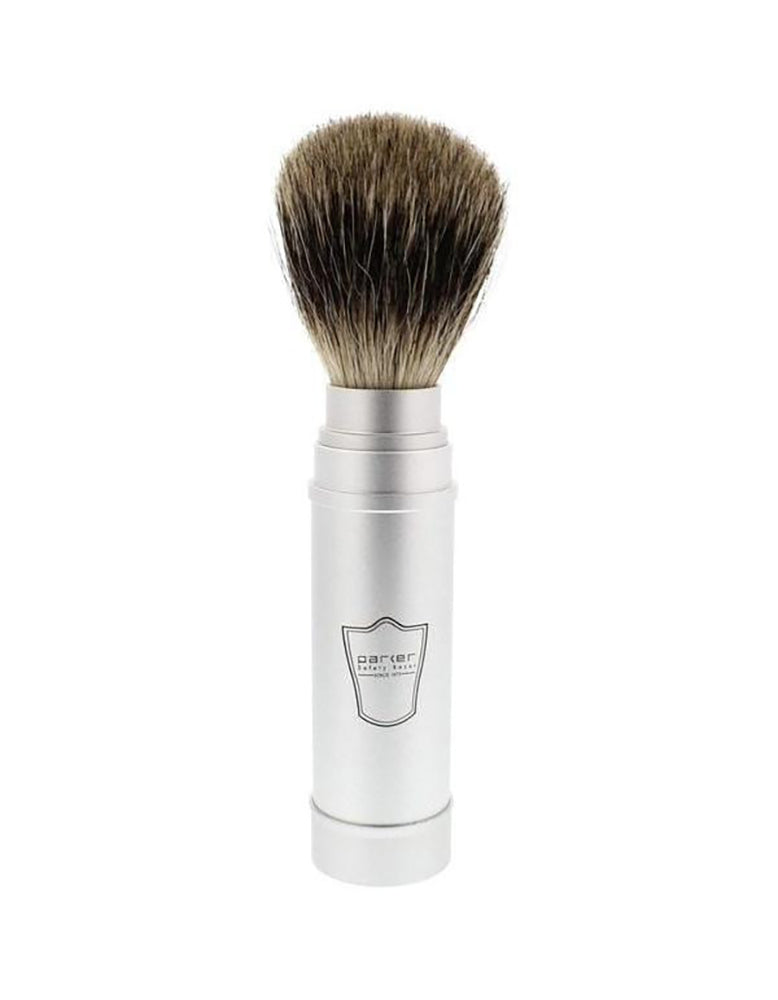 Parker Travel Shave Brush assembled on its brushed aluminum tube, featuring a pure badger knot against a white background.