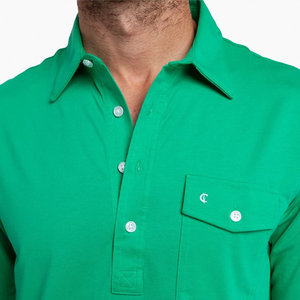 Criquet Performance Players Shirt golf green flat lay showing tri-blend fabric texture