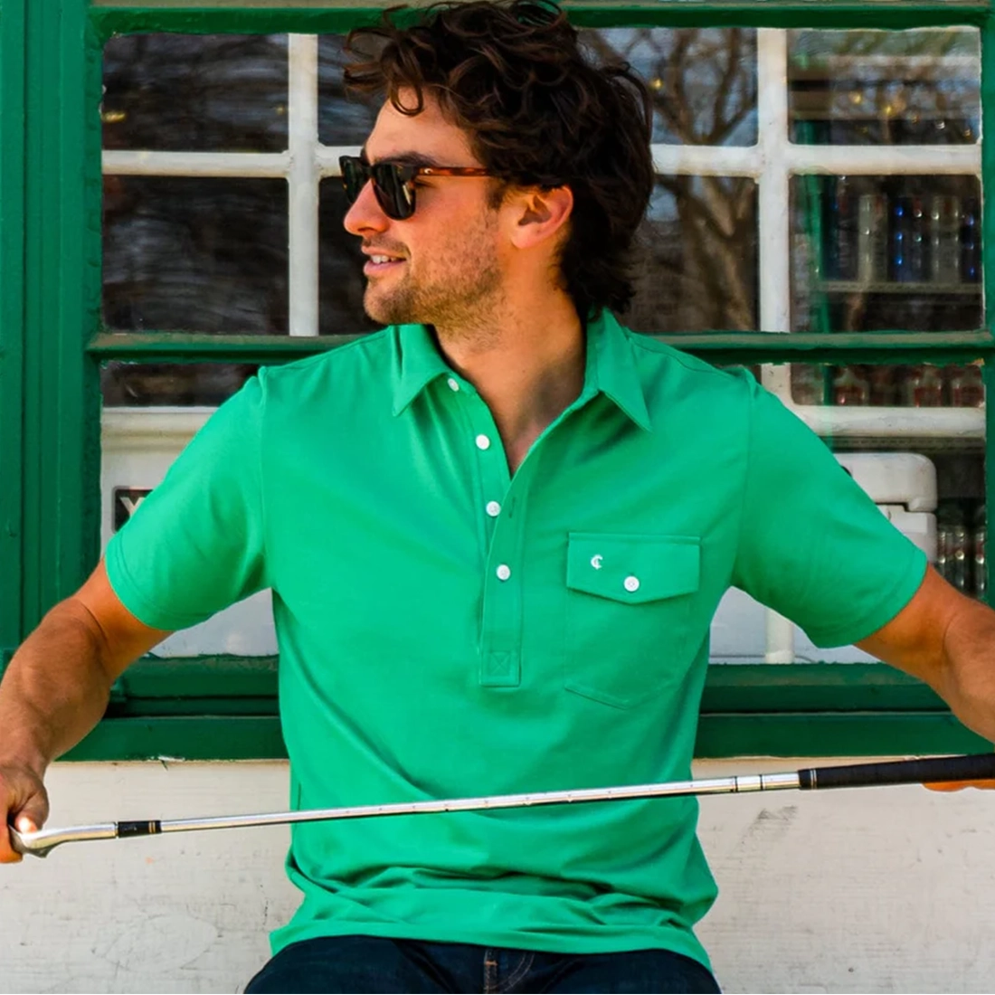 Criquet Performance Players Shirt golf green detail showing collar and fabric