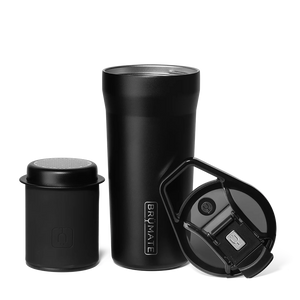 Brümate pour over travel coffee mug system in Matte Black showing all components
