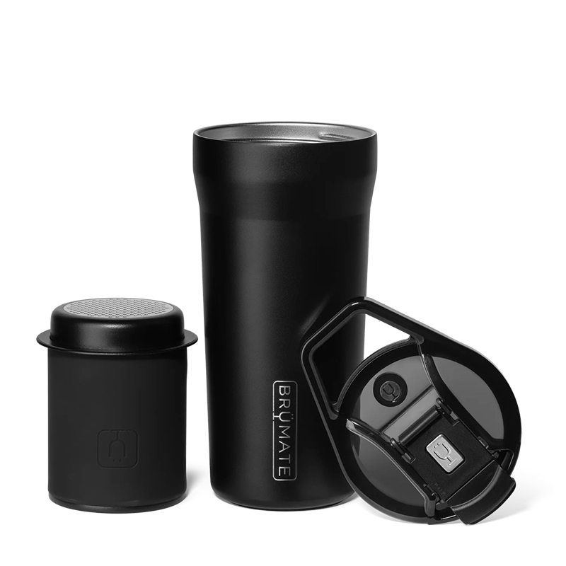Brümate pour over travel coffee mug system in Matte Black showing all components