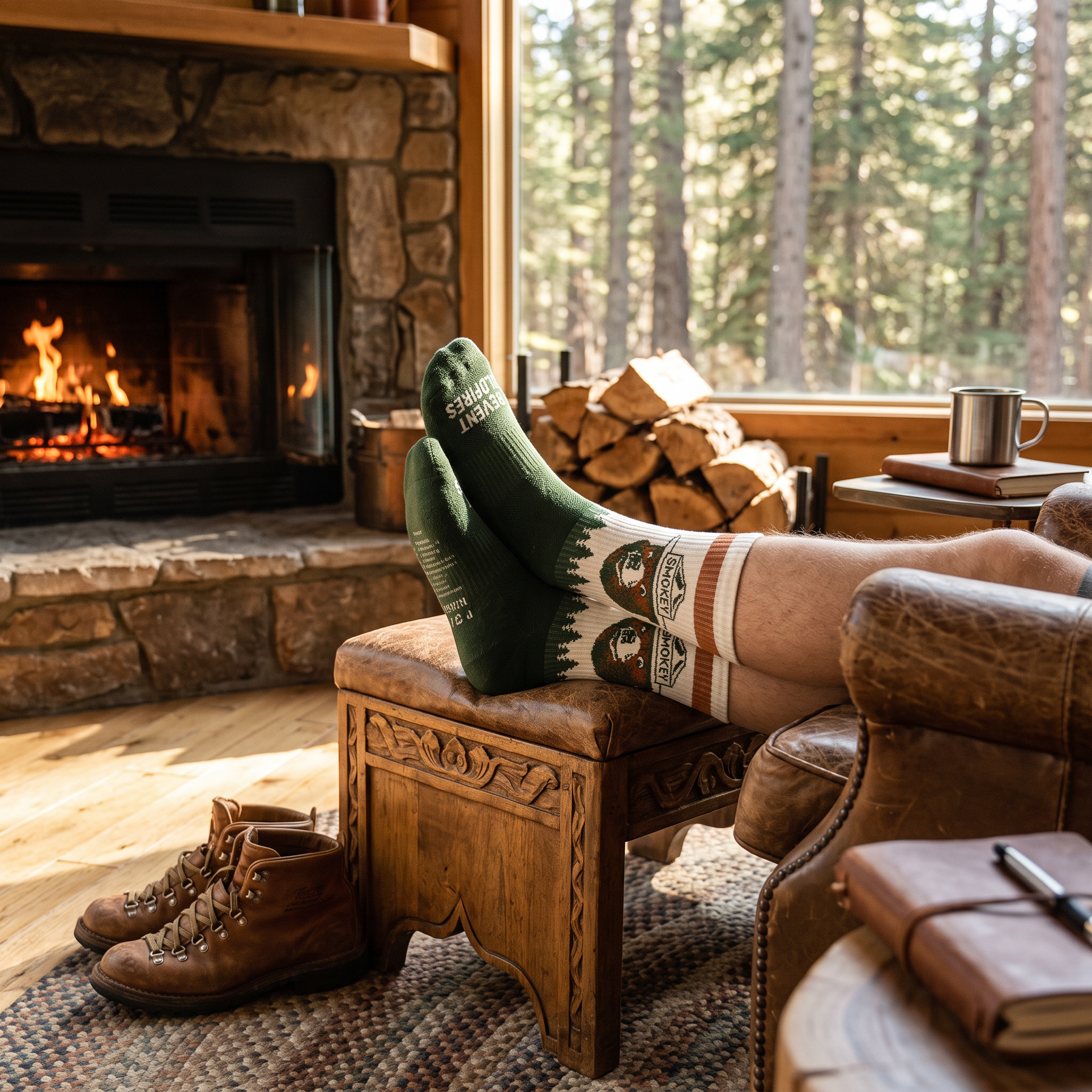Prevent Wildfires Sock in Spruce pair front view showing Smokey Bear knit face design with forest treeline orange stripe and Prevent Wildfires text on sole