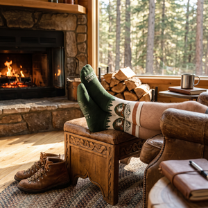 Prevent Wildfires Sock in Spruce pair front view showing Smokey Bear knit face design with forest treeline orange stripe and Prevent Wildfires text on sole