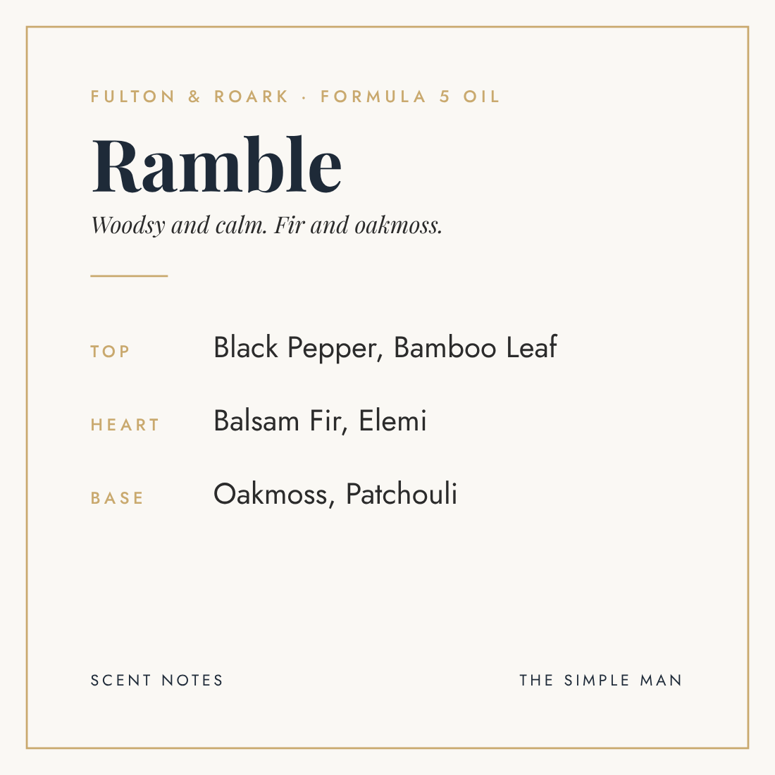 Ramble Formula 5 oil scent notes: black pepper and bamboo leaf, balsam fir and elemi, oakmoss and patchouli, The Simple Man