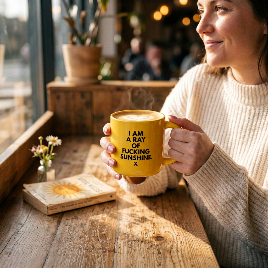 I Am a Ray of Fucking Sunshine yellow ceramic coffee mug held by smiling woman at cafe window with steaming latte and book on rustic wood table by Meriwether