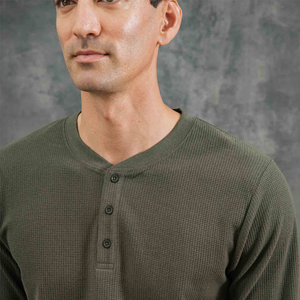 Close up of the three button placket and waffle knit texture on the Forest Melange henley - The Simple Man