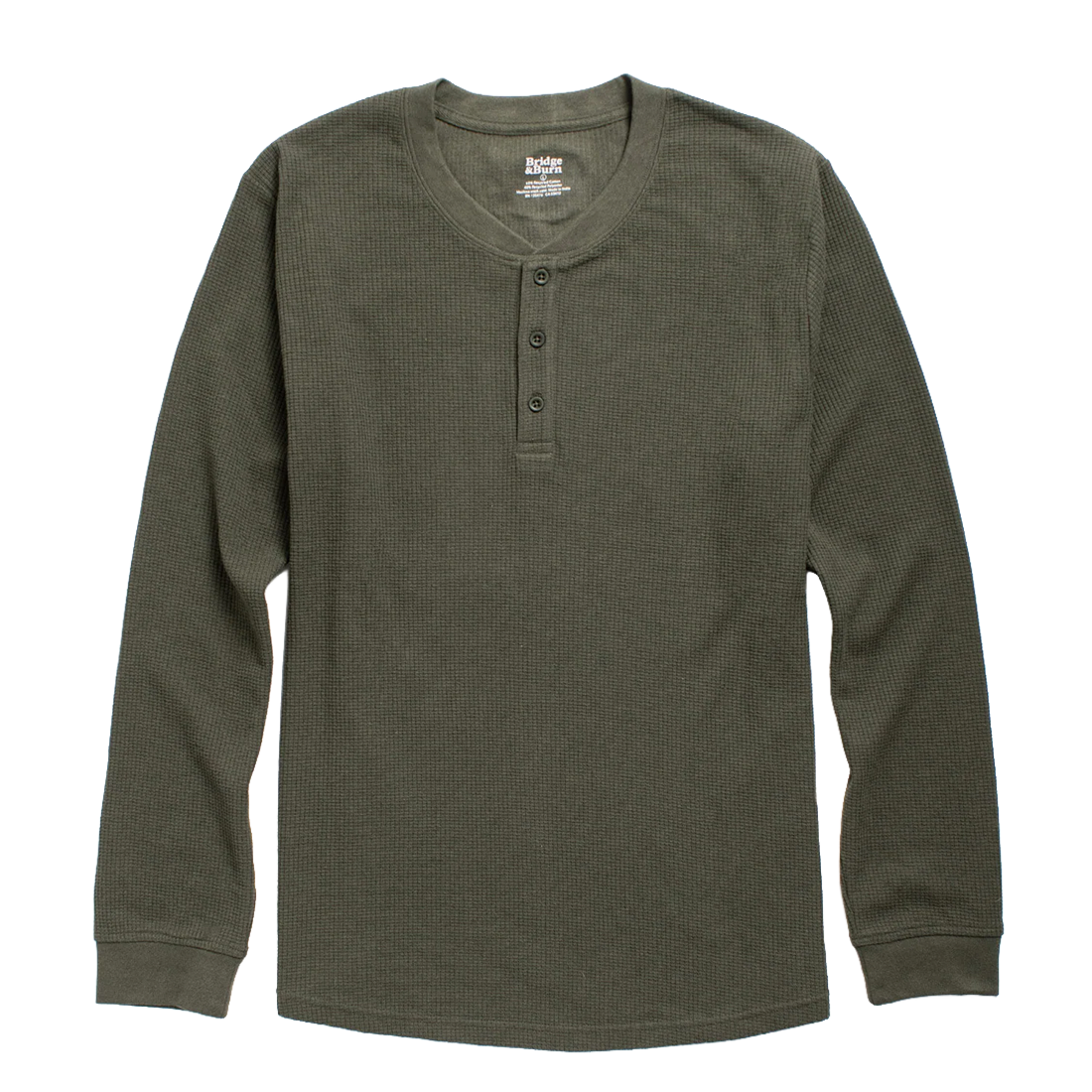Recycled waffle knit henley in Forest Melange, long sleeve olive green with a three button placket and ribbed cuffs, flat lay - The Simple Man