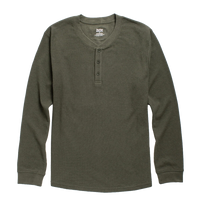 Recycled waffle knit henley in Forest Melange, long sleeve olive green with a three button placket and ribbed cuffs, flat lay - The Simple Man