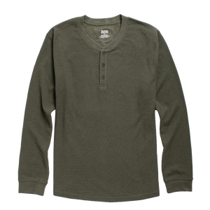 Recycled waffle knit henley in Forest Melange, long sleeve olive green with a three button placket and ribbed cuffs, flat lay - The Simple Man
