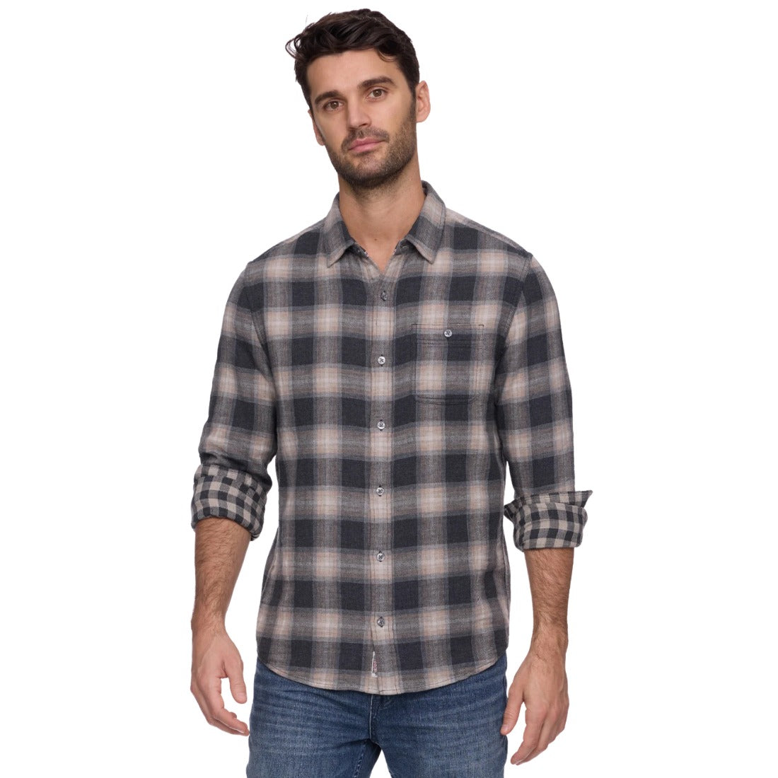 Man wearing the charcoal and taupe plaid double layer shirt, front view