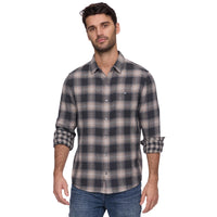 Man wearing the charcoal and taupe plaid double layer shirt, front view