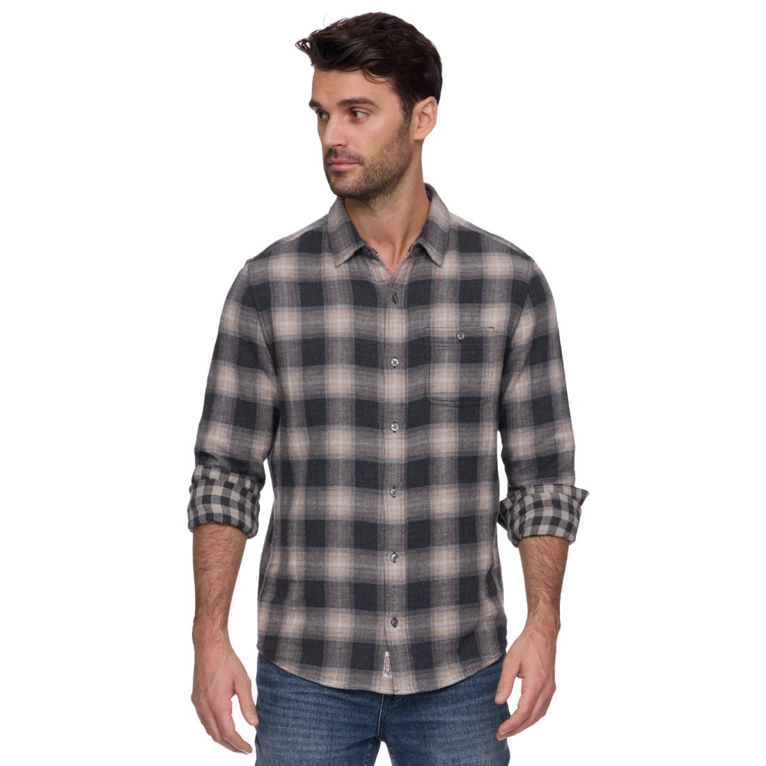 Charcoal and taupe plaid double layer shirt on a model, angled view