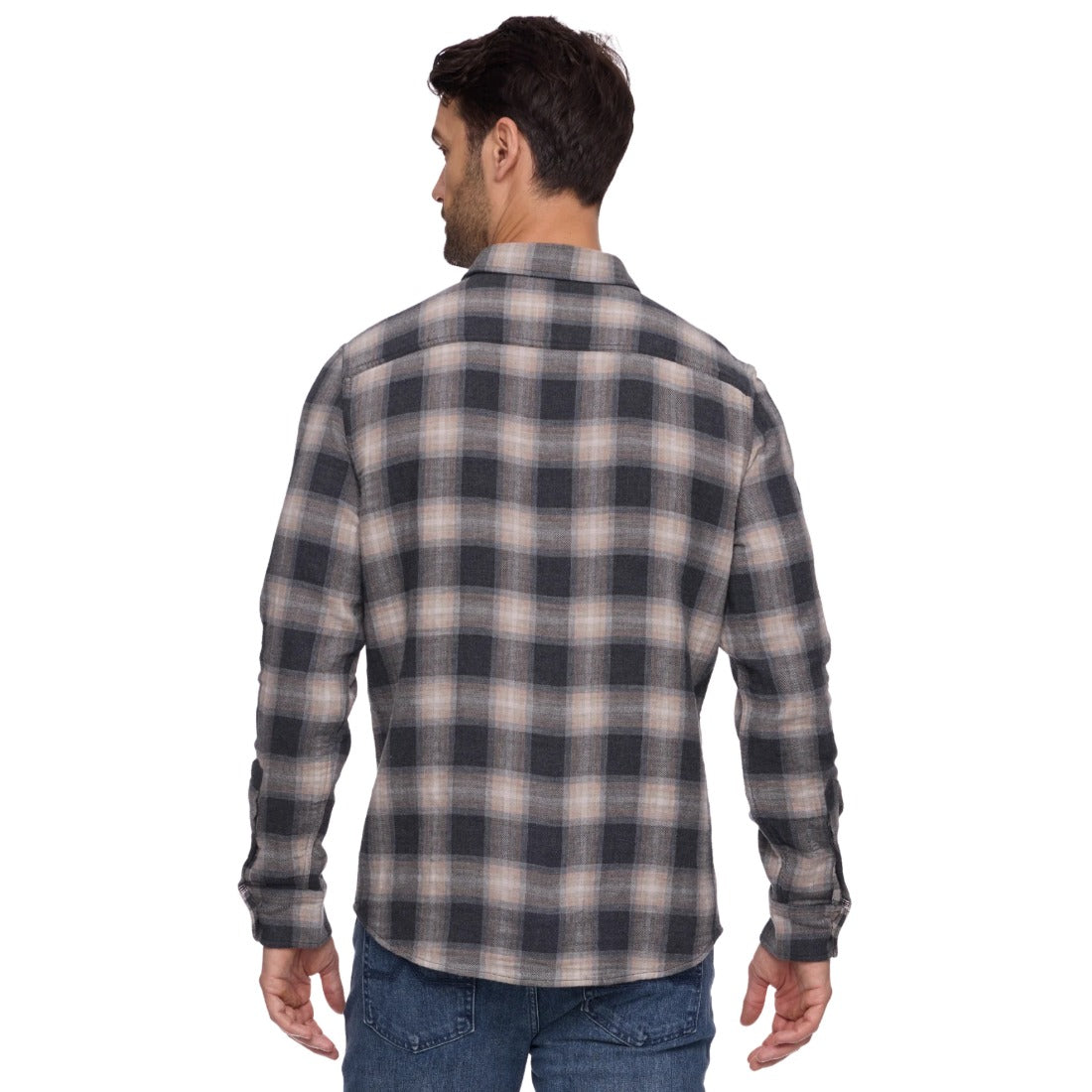 Back view of the charcoal and taupe plaid shirt on a model