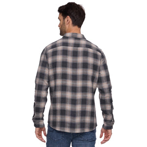Back view of the charcoal and taupe plaid shirt on a model