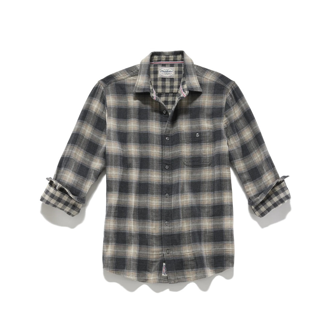 Flat lay of the charcoal and taupe plaid double layer shirt