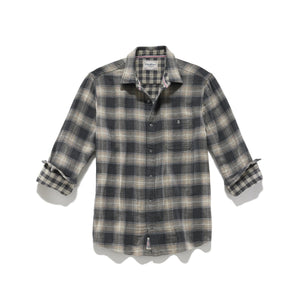 Flat lay of the charcoal and taupe plaid double layer shirt