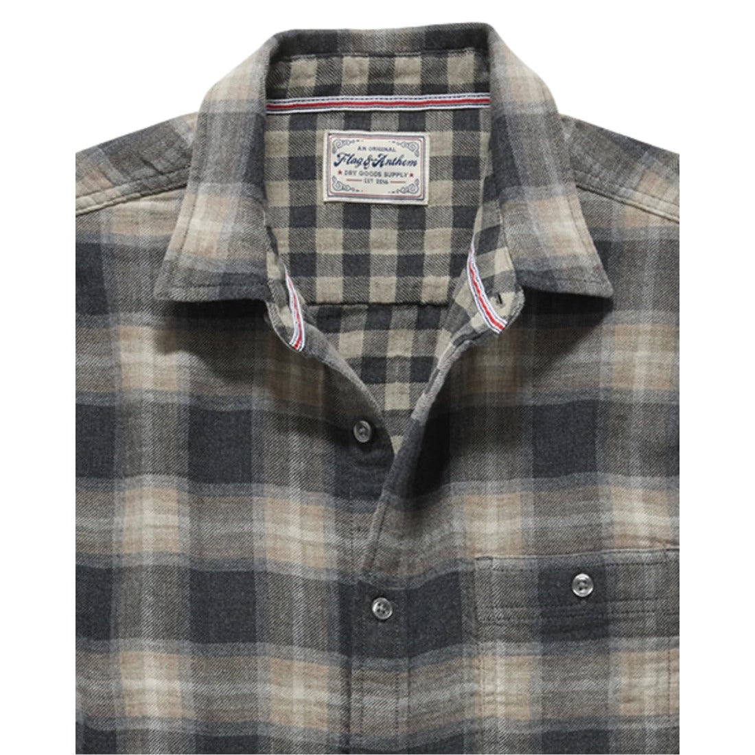 Close-up of the plaid shirt collar and chest pocket with the gingham lining