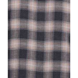 Close-up of the charcoal and taupe plaid fabric