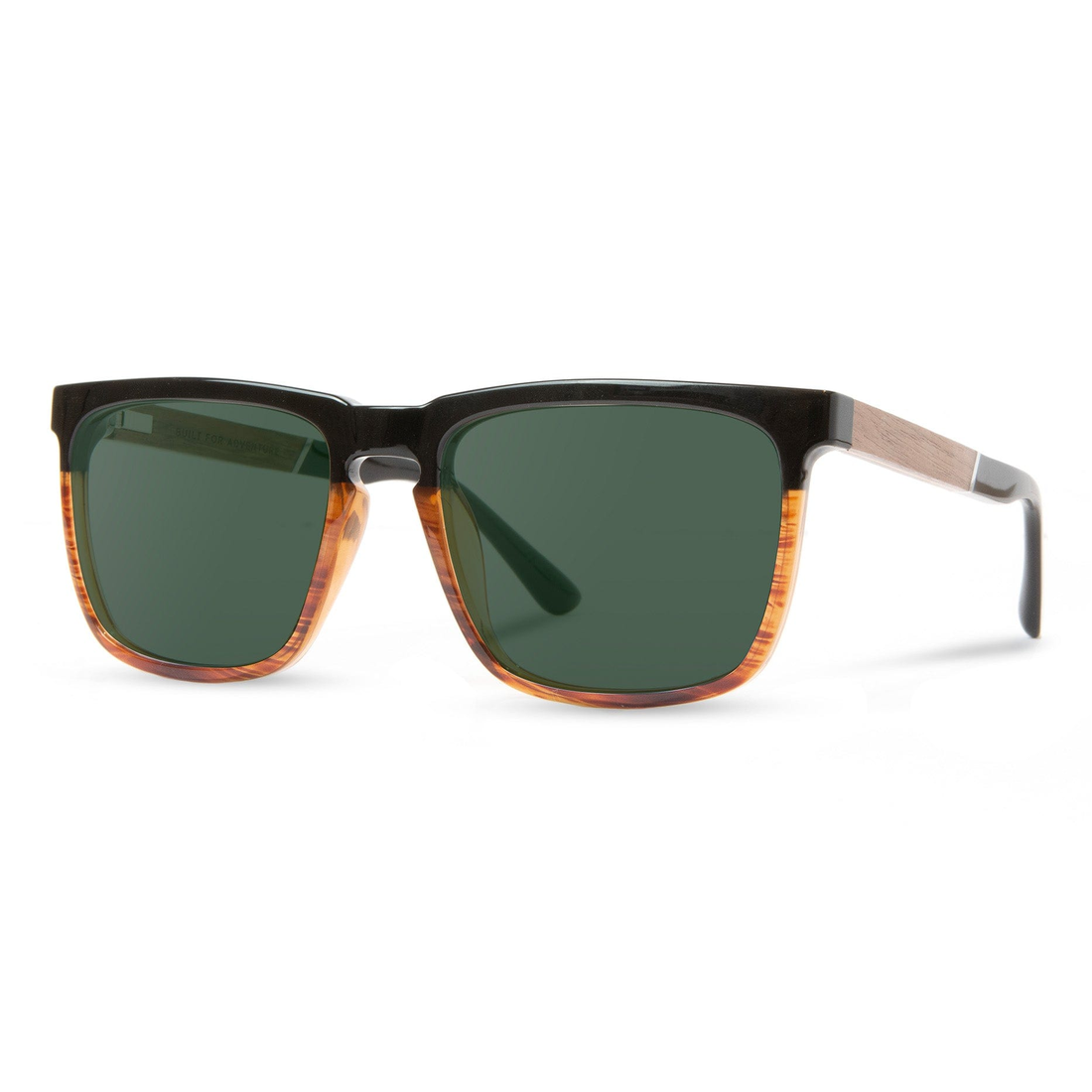 Ridge Sunglasses with black and tortoise frame and G15 green-grey polarized lenses, angled side view showing the walnut temple