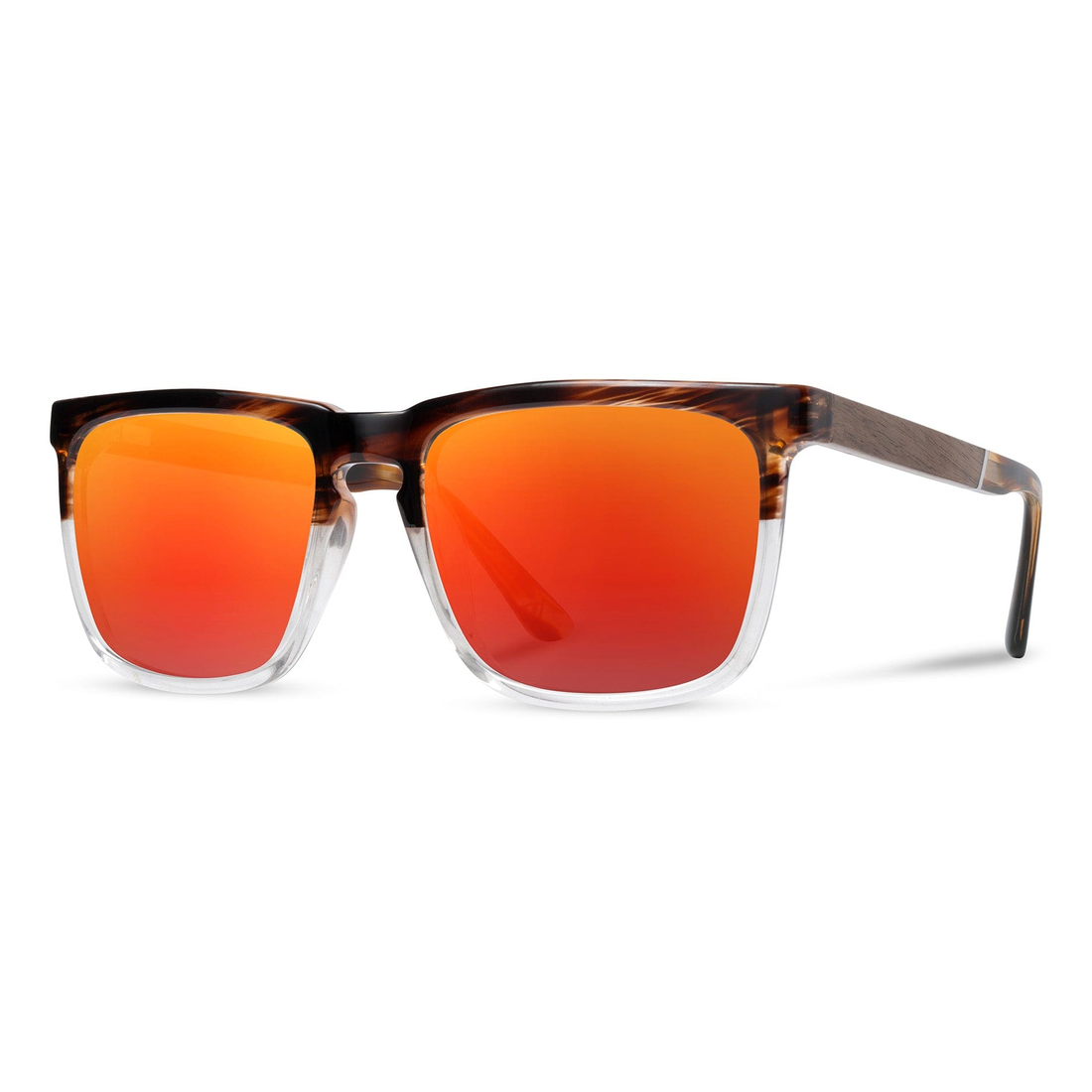Ridge Sunglasses with whiskey soda frame and HD Plus solar flash polarized lenses, angled side view showing the walnut temple
