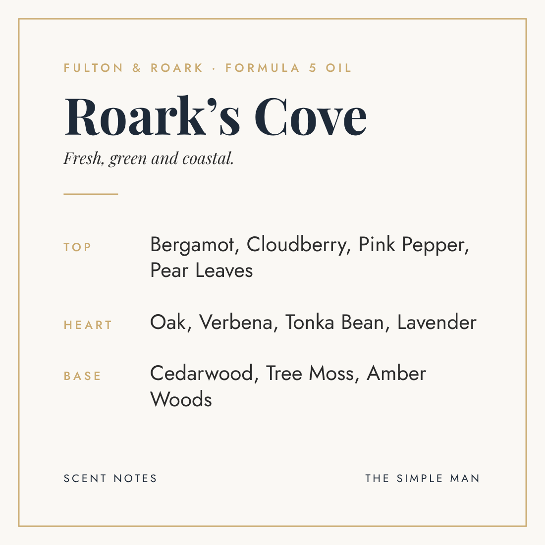 Roark's Cove Formula 5 oil scent notes: bergamot and cloudberry, oak and lavender, cedarwood and tree moss, The Simple Man