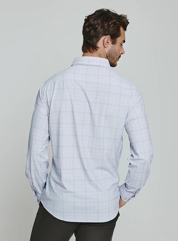 Model Wearing Sainte Long Sleeve 4-way stretch shirt - white/light blue/pink plaid rear view