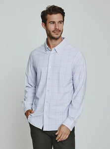 Model Wearing Sainte Long Sleeve 4-way stretch shirt - white/light blue/pink plaid