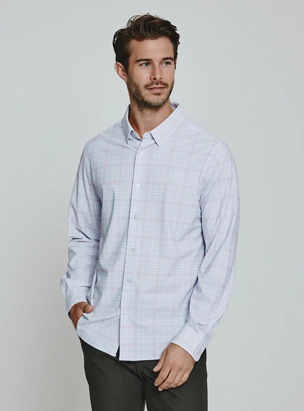 Model Wearing Sainte Long Sleeve 4-way stretch shirt - white/light blue/pink plaid