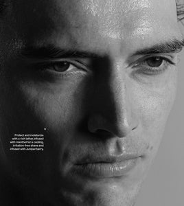 Man's face lathered with Blind Barber Shave Cream, cooling irritation-free shave, The Simple Man