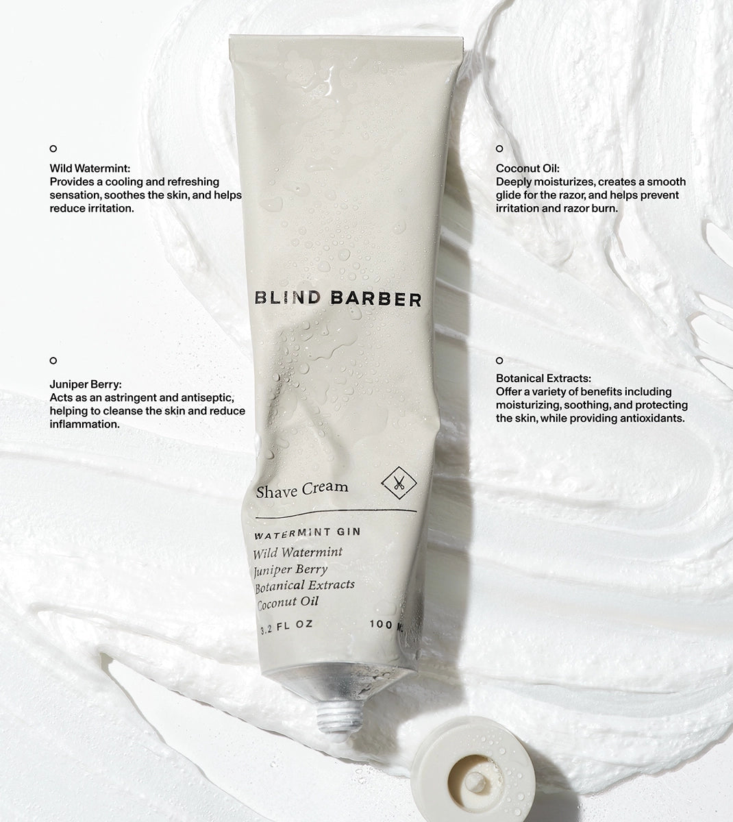 Blind Barber Shave Cream tube with lather, wild watermint and coconut oil detail, The Simple Man