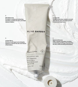Blind Barber Shave Cream tube with lather, wild watermint and coconut oil detail, The Simple Man