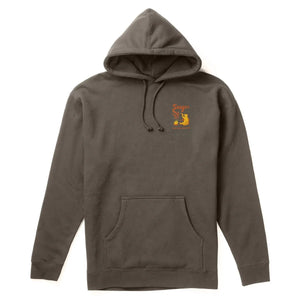 Front view of Seager Smokey Mid-Weight Hoodie in charcoal featuring small Seager embroidered logo and front kangaroo pocket – fleece-lined men's hoodie