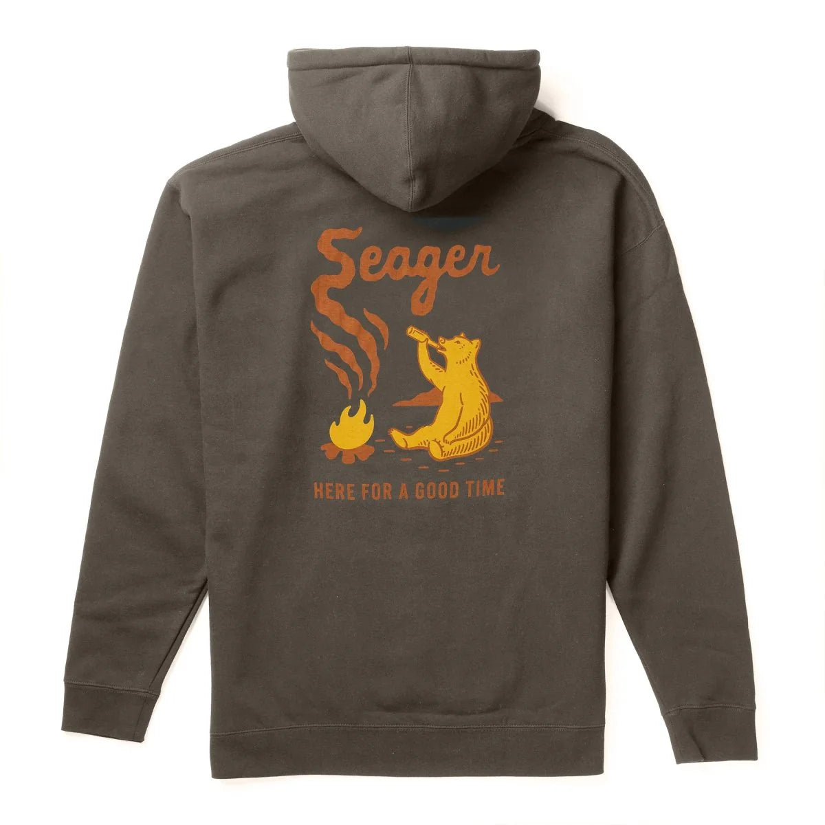 Back view of Seager Smokey Mid-Weight Hoodie in charcoal with retro-style bear campfire graphic and “Here For A Good Time” text – durable men's outerwear