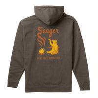 Back view of Seager Smokey Mid-Weight Hoodie in charcoal with retro-style bear campfire graphic and “Here For A Good Time” text – durable men's outerwear